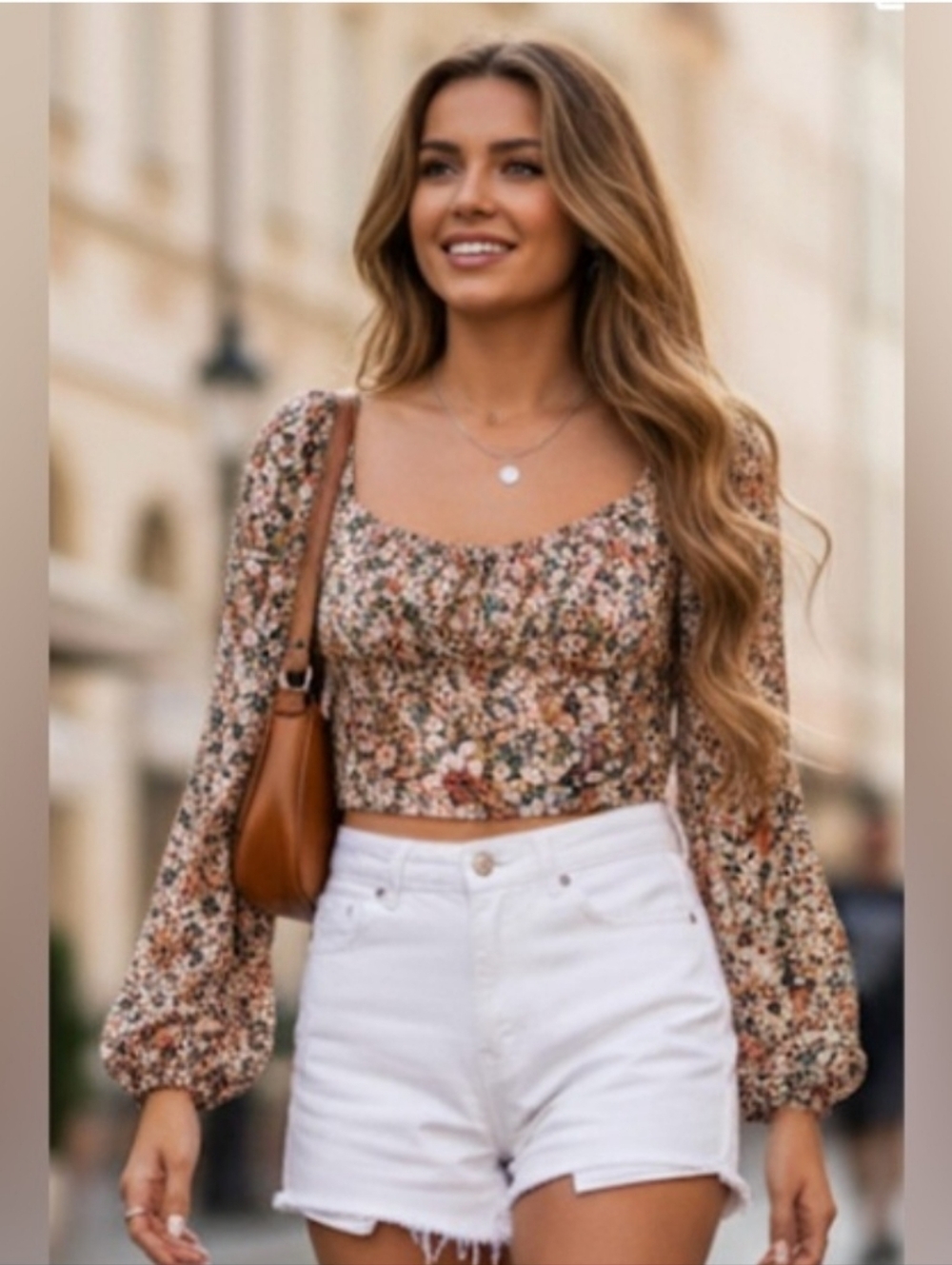 Wild Fable Brown Peach Floral Smocked Bohemian Crop Top Milkmaid Y2K Size S